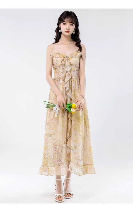 Vintage Yellow Ruffled Hem Floral Design Elegant A-line Spaghetti Strap Dress TP3360