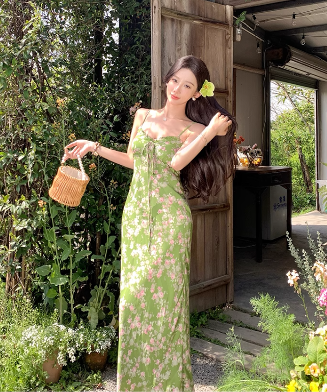 Fashion Green Floral Design Elegant A-line Spaghetti Strap Dress TP3361