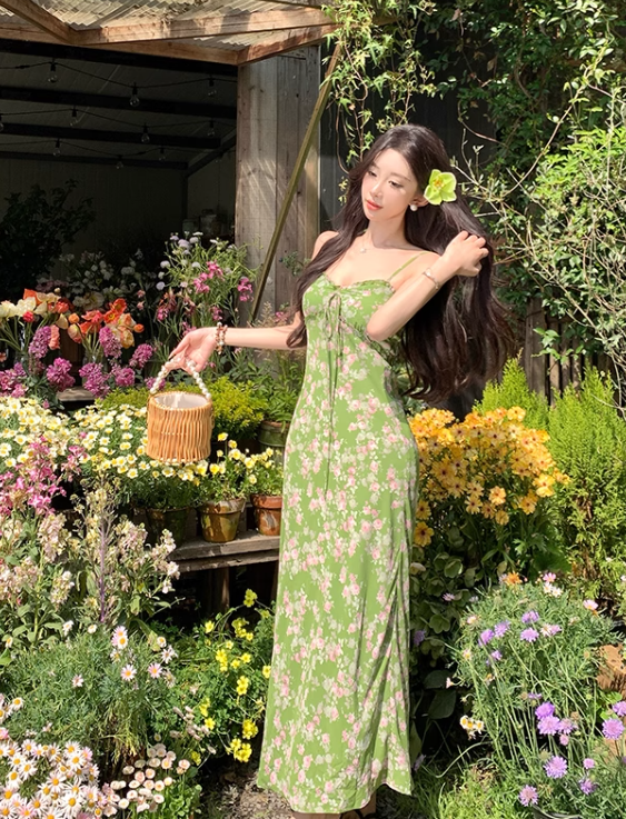Fashion Green Floral Design Elegant A-line Spaghetti Strap Dress TP3361