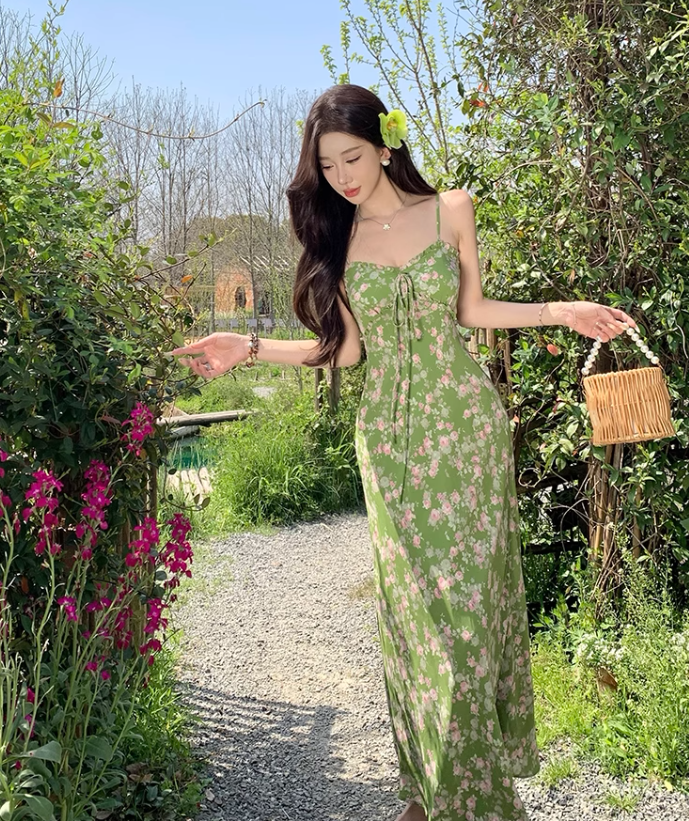Fashion Green Floral Design Elegant A-line Spaghetti Strap Dress TP3361