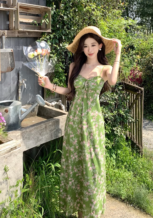 Fashion Green Floral Design Elegant A-line Spaghetti Strap Dress TP3361