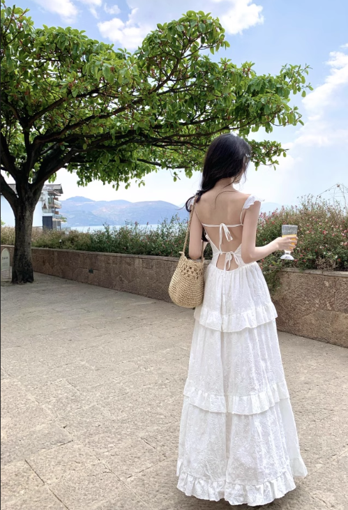 New Fashion White V-neck Tiered Dress Design Elegant A-line Spaghetti Strap Dress TP3362