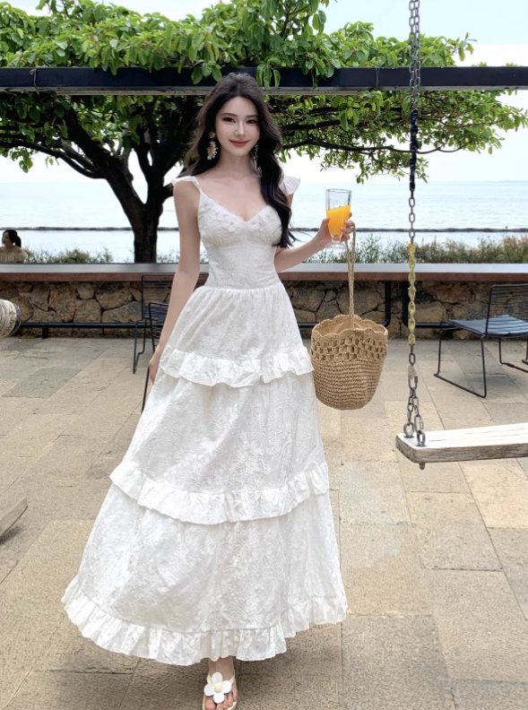 New Fashion White V-neck Tiered Dress Design Elegant A-line Spaghetti Strap Dress TP3362
