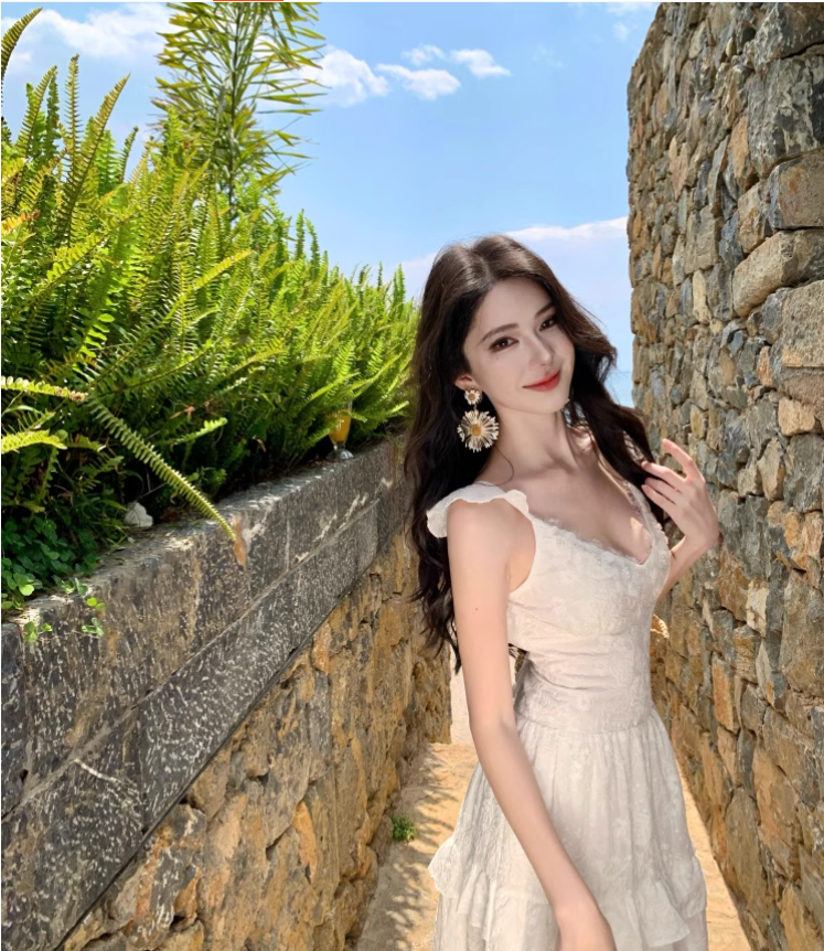New Fashion White V-neck Tiered Dress Design Elegant A-line Spaghetti Strap Dress TP3362
