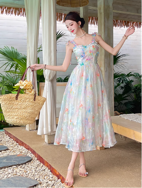 New Fashion Floral Design Elegant A-line Spaghetti Strap Dress TP3363