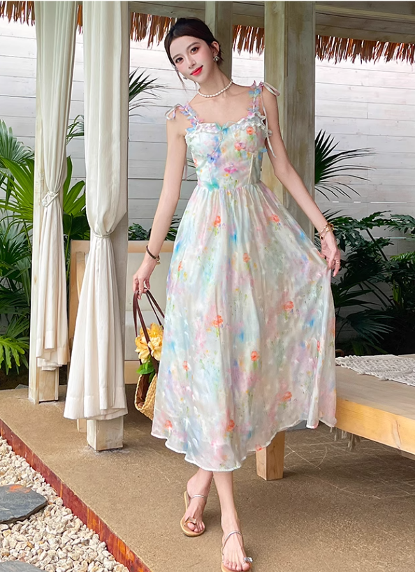 New Fashion Floral Design Elegant A-line Spaghetti Strap Dress TP3363