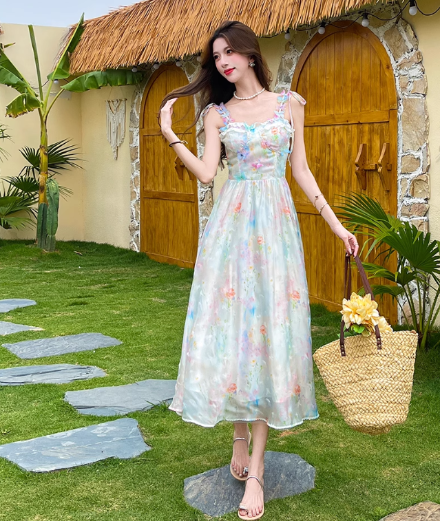 New Fashion Floral Design Elegant A-line Spaghetti Strap Dress TP3363