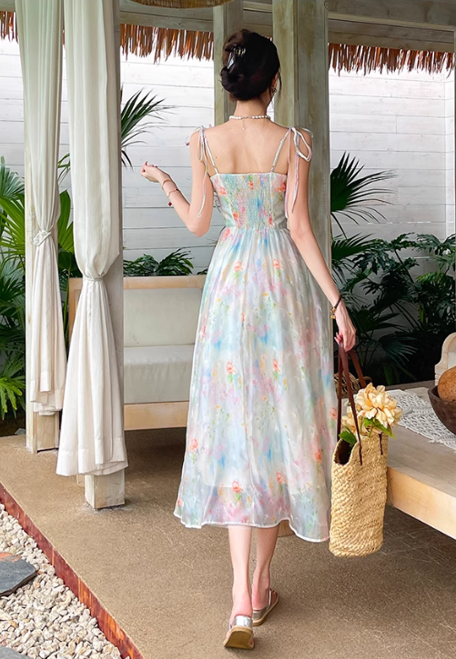 New Fashion Floral Design Elegant A-line Spaghetti Strap Dress TP3363