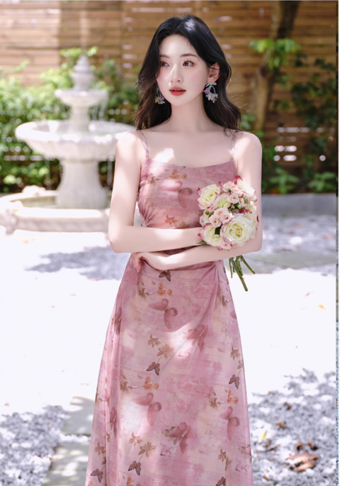 Retro Fashion Pink Flora Design Beach Holiday A-line Spaghetti Strap Dress TP3367