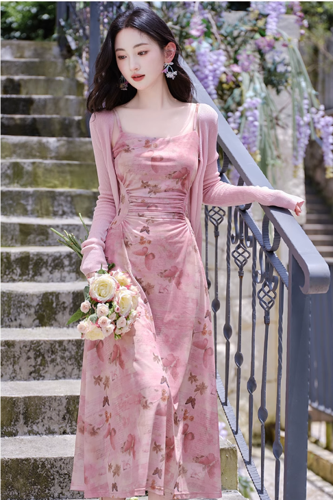 Retro Fashion Pink Flora Design Beach Holiday A-line Spaghetti Strap Dress TP3367