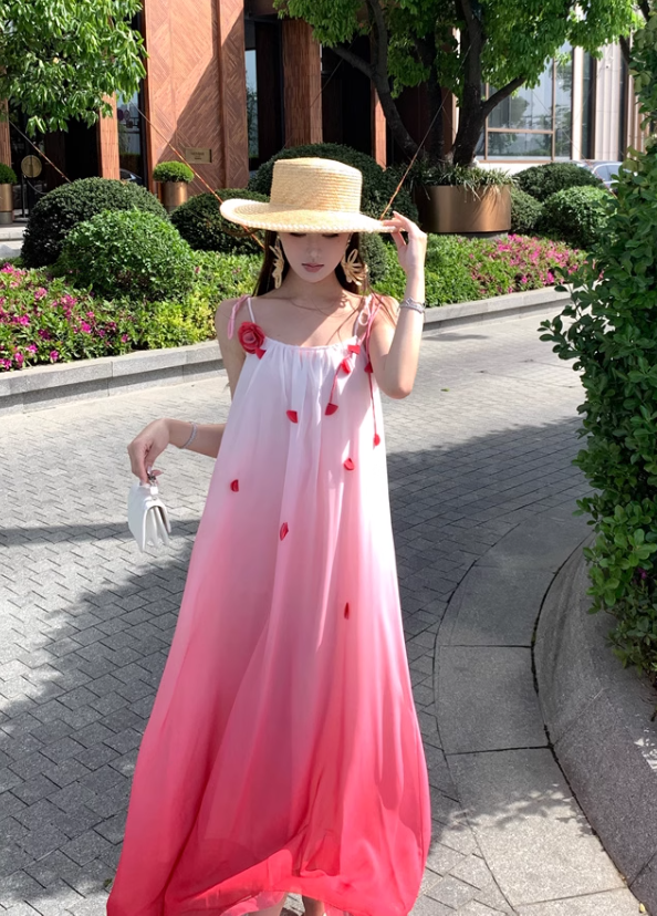 New Fashion Gradient Pink Design Beach Holiday A-line Spaghetti Strap Dress TP3370
