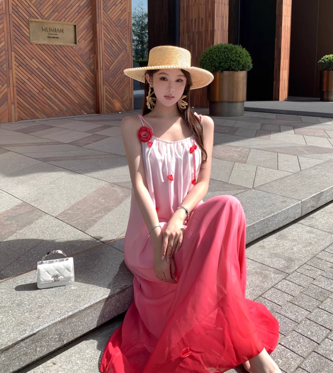 New Fashion Gradient Pink Design Beach Holiday A-line Spaghetti Strap Dress TP3370