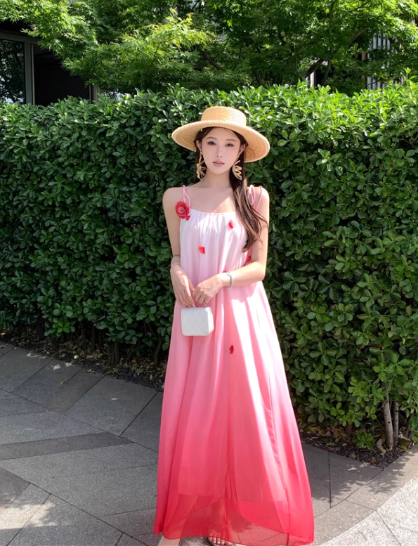 New Fashion Gradient Pink Design Beach Holiday A-line Spaghetti Strap Dress TP3370