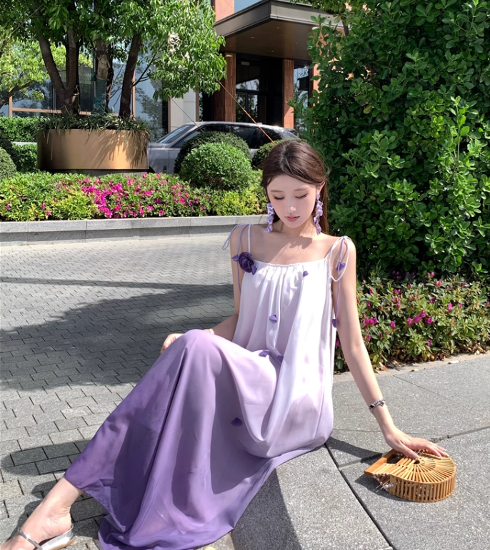New Fashion Gradient Pink Design Beach Holiday A-line Spaghetti Strap Dress TP3370