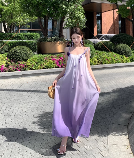 New Fashion Gradient Pink Design Beach Holiday A-line Spaghetti Strap Dress TP3370