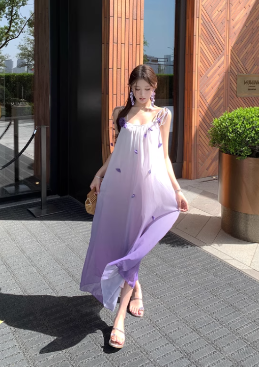New Fashion Gradient Pink Design Beach Holiday A-line Spaghetti Strap Dress TP3370