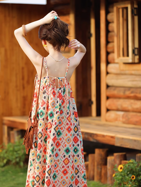 Vintage Fashion Floral Print Design Beach Holiday A-line with Belt Spaghetti Strap Dress TP3372