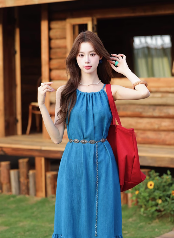 New Fashion Blue Simple Design Beach Holiday A-line with Belt Spaghetti Strap Dress TP3373