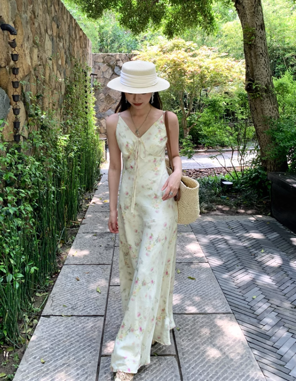 Retro Fashion Floral Design Beach Holiday A-line Spaghetti Strap Dress TP3375