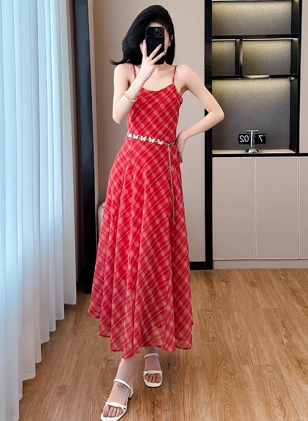 Retro Fashion Red Plaid Design Beach Holiday A-line with Belt Spaghetti Strap Dress TP3377
