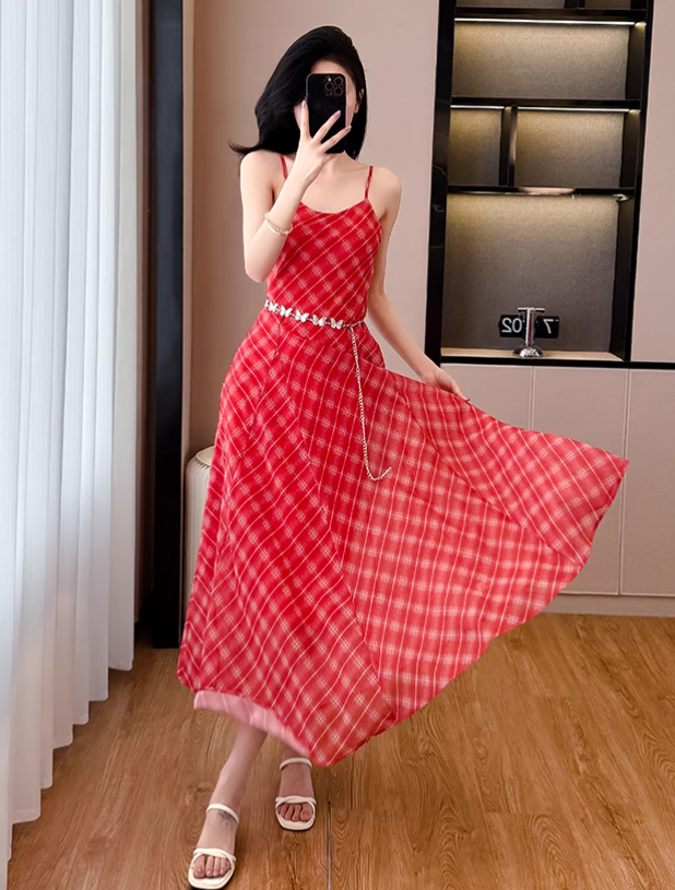 Retro Fashion Red Plaid Design Beach Holiday A-line with Belt Spaghetti Strap Dress TP3377