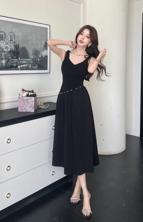 Simple Fashion Black Sleeveless Waist-cinching Design A-line Vest Dress TP3380