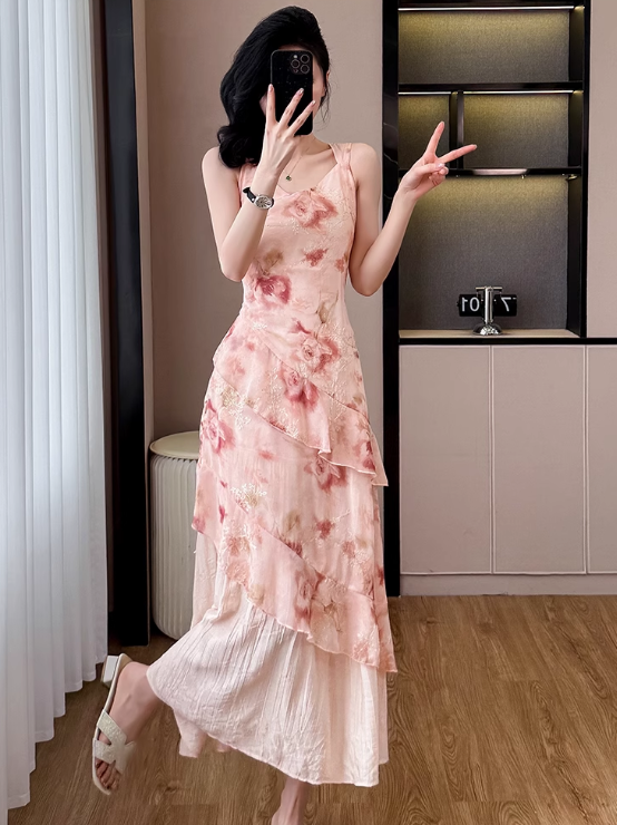 Simple Fashion Pink Floral Design A-line Spaghetti Strap Dress TP3381