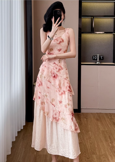 Simple Fashion Pink Floral Design A-line Spaghetti Strap Dress TP3381