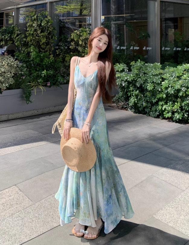 Simple Fashion Floral Design A-line Beach Holiday Spaghetti Strap Dress TP3382