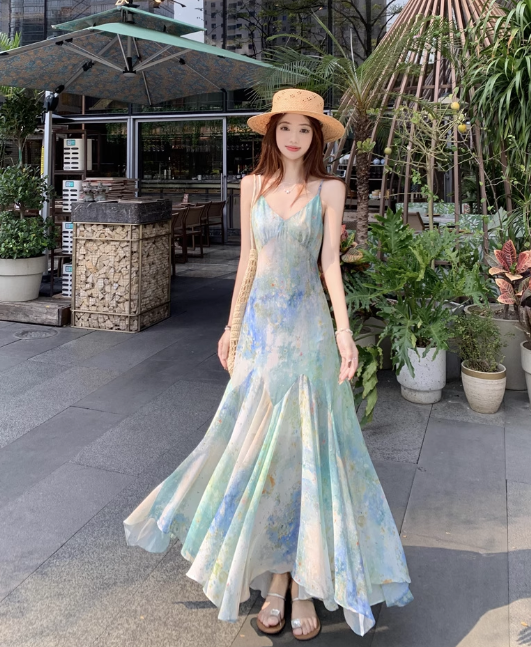 Simple Fashion Floral Design A-line Beach Holiday Spaghetti Strap Dress TP3382
