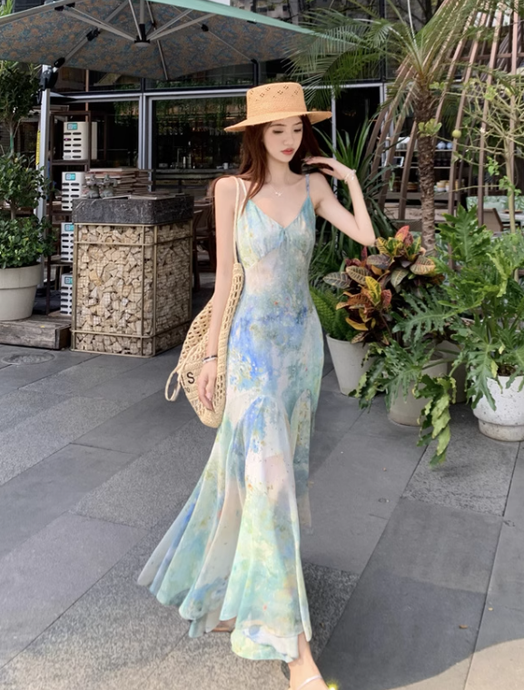 Simple Fashion Floral Design A-line Beach Holiday Spaghetti Strap Dress TP3382