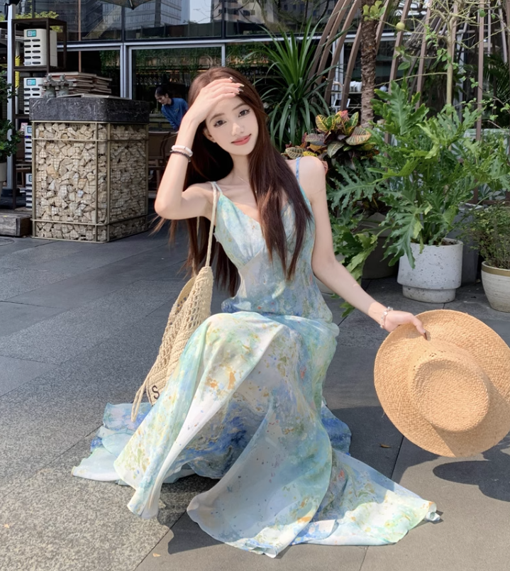 Simple Fashion Floral Design A-line Beach Holiday Spaghetti Strap Dress TP3382