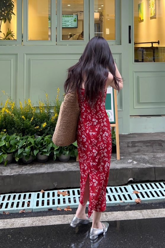 New Fashion Red Floral Design A-line Beach Holiday Spaghetti Strap Dress TP3383