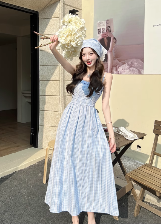 New Fashion Blue Stripe Design A-line Lace Spaghetti Strap Dress TP3384