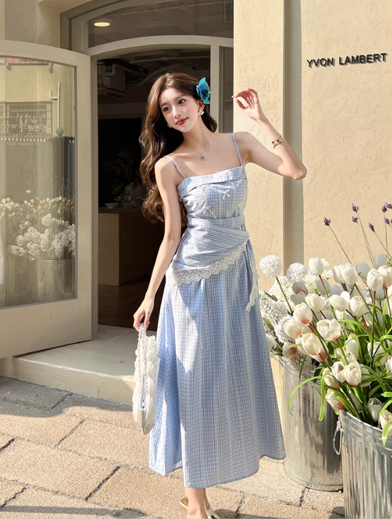 New Fashion Blue Stripe Design A-line Lace Spaghetti Strap Dress TP3384