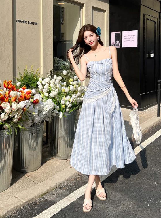 New Fashion Blue Stripe Design A-line Lace Spaghetti Strap Dress TP3384