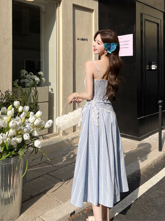 New Fashion Blue Stripe Design A-line Lace Spaghetti Strap Dress TP3384