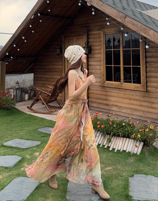 Vintage Fashion Chiffon Floral Printed Design A-line Beach Holiday Vest Dress TP3386