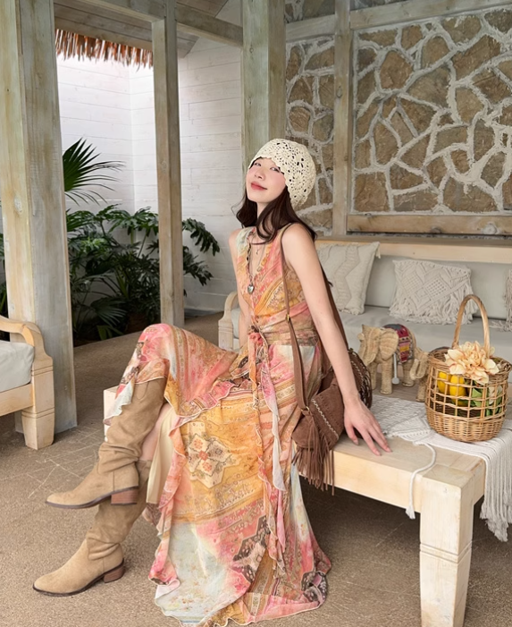 Vintage Fashion Chiffon Floral Printed Design A-line Beach Holiday Vest Dress TP3386