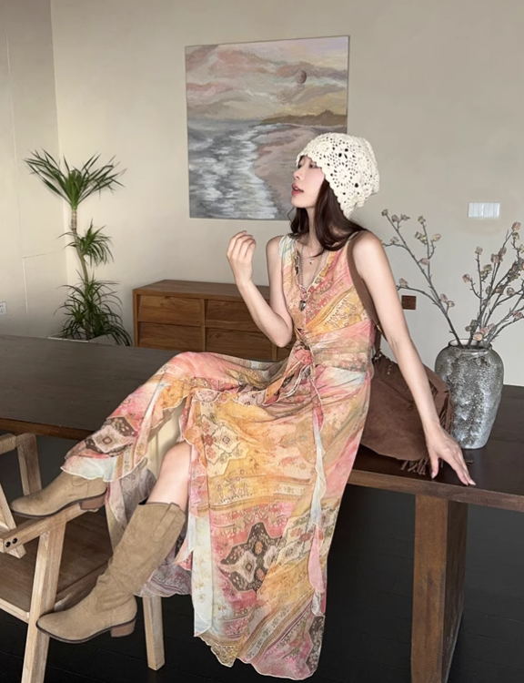Vintage Fashion Chiffon Floral Printed Design A-line Beach Holiday Vest Dress TP3386
