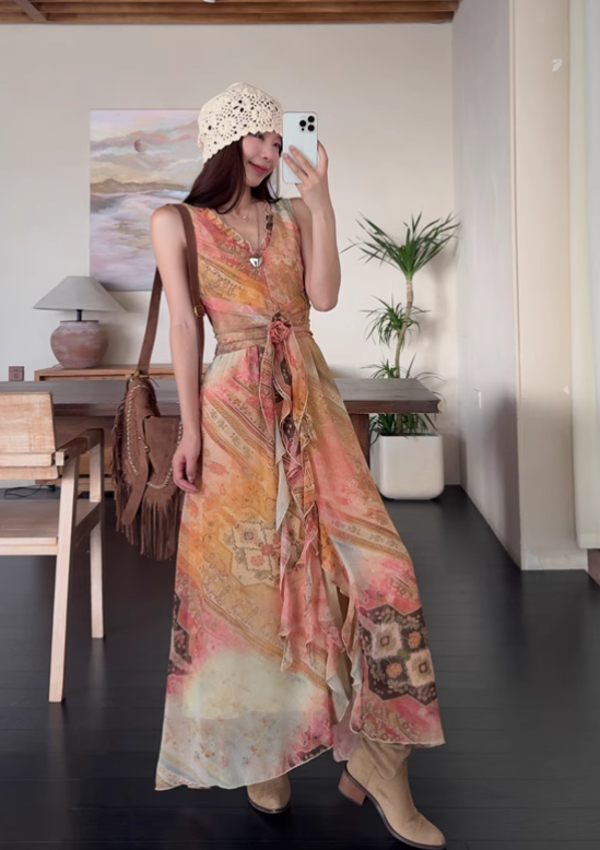 Vintage Fashion Chiffon Floral Printed Design A-line Beach Holiday Vest Dress TP3386