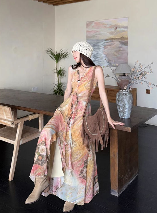 Vintage Fashion Chiffon Floral Printed Design A-line Beach Holiday Vest Dress TP3386