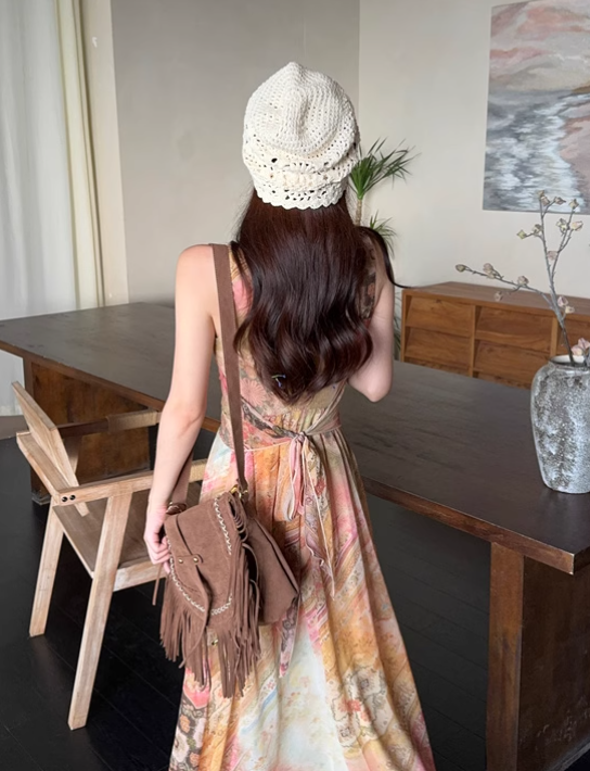 Vintage Fashion Chiffon Floral Printed Design A-line Beach Holiday Vest Dress TP3386