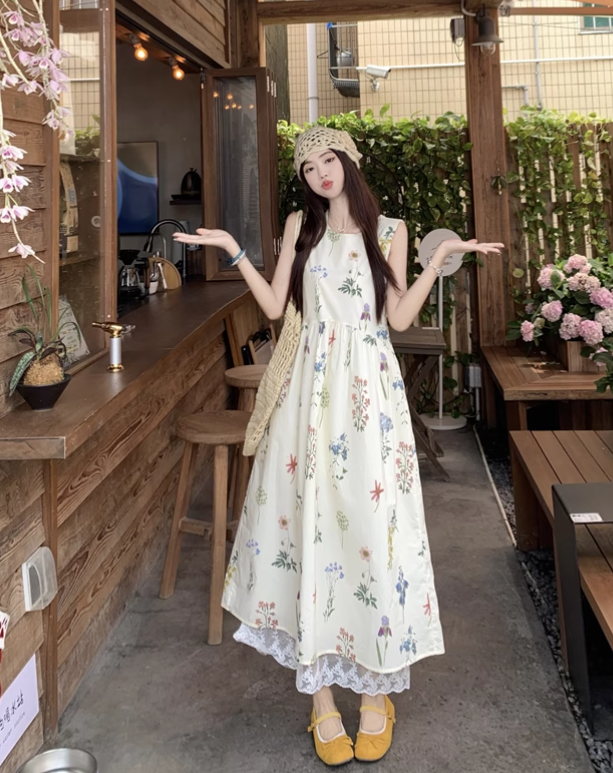 Vintage Fashion Floral Printed Design A-line Beach Holiday Vest Dress TP3388