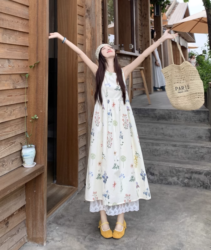 Vintage Fashion Floral Printed Design A-line Beach Holiday Vest Dress TP3388