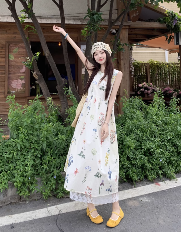 Vintage Fashion Floral Printed Design A-line Beach Holiday Vest Dress TP3388
