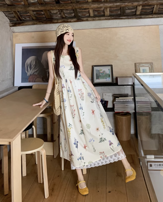 Vintage Fashion Floral Printed Design A-line Beach Holiday Vest Dress TP3388