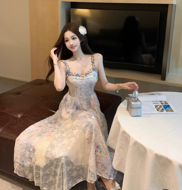 New Fashion Floral Design A-line Beach Holiday Spaghetti Strap Dress TP3389