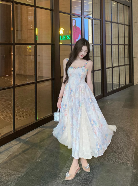 New Fashion Floral Design A-line Beach Holiday Spaghetti Strap Dress TP3389