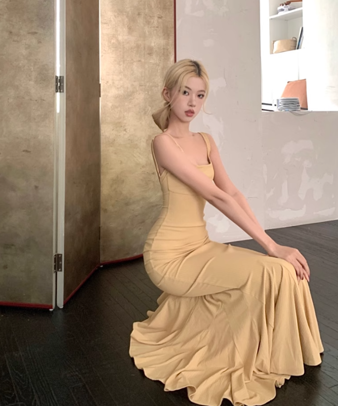 Simple Fashion Sleeveless Mermaid Design A-line Spaghetti Strap Dress TP3426